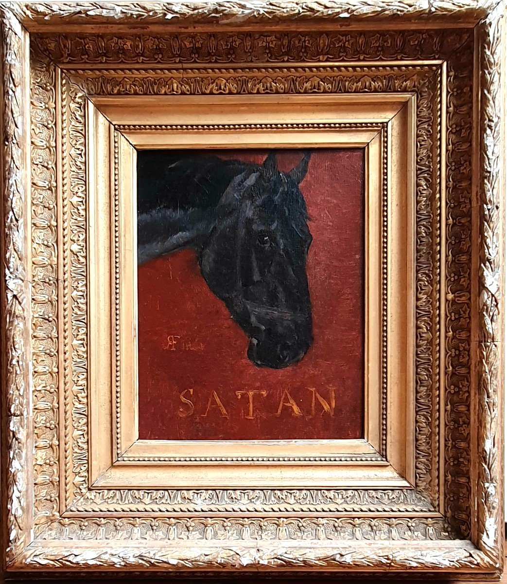 Adrien Finot Portrait Of The Horse Satan Oil On Canvas Framed 1881 Riding-photo-2