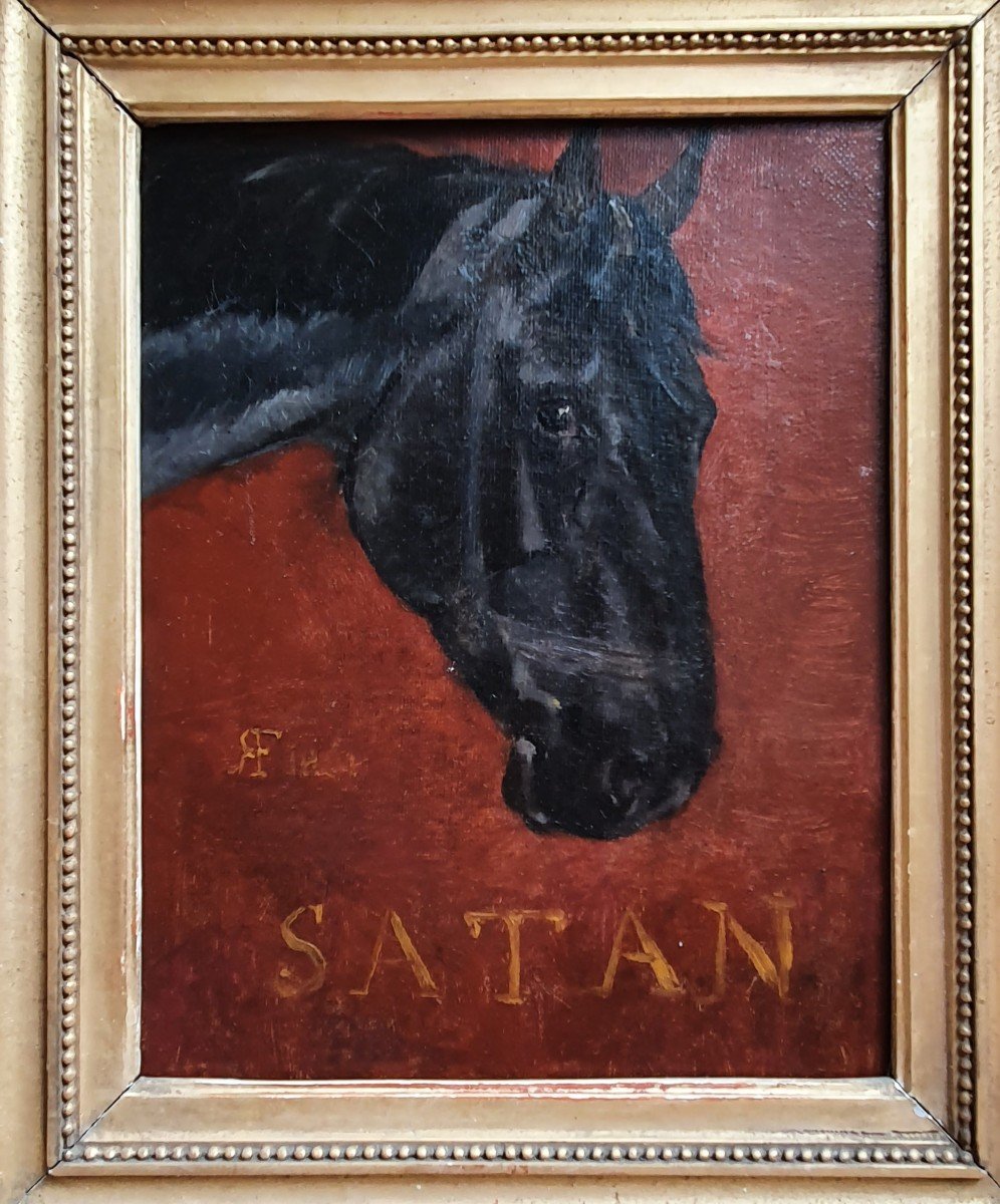 Adrien Finot Portrait Of The Horse Satan Oil On Canvas Framed 1881 Riding-photo-3