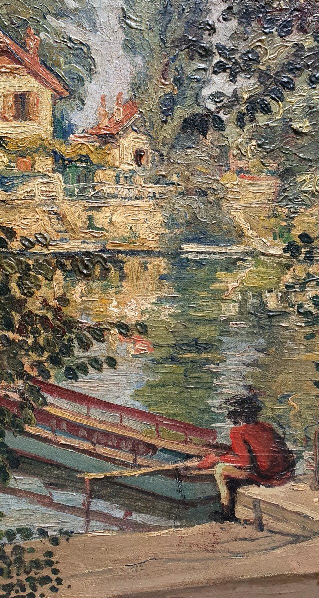 Georges Barwolf Pêcheur Sur Un Ponton Huile Toile Post Impressionniste -photo-2