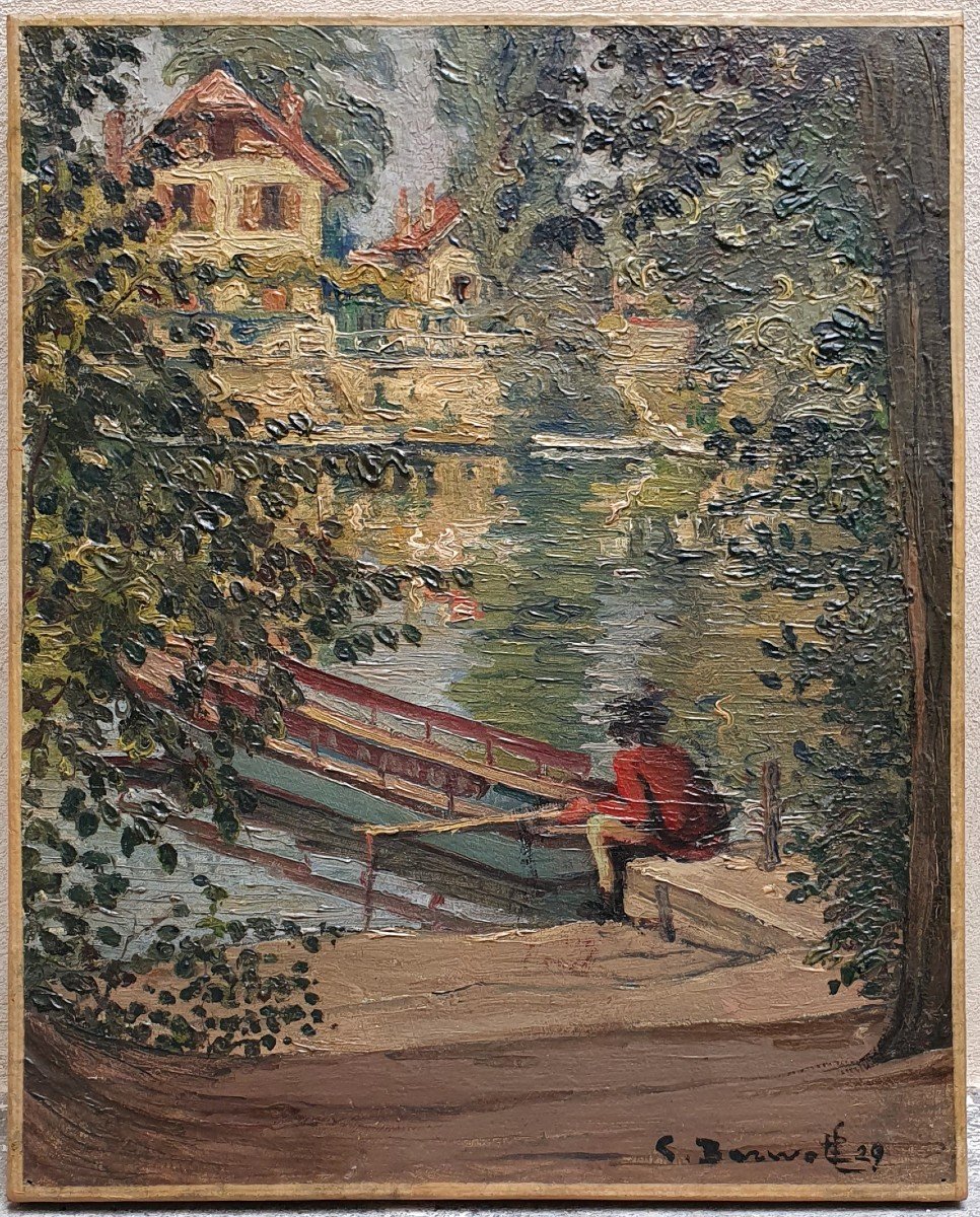 Georges Barwolf Pêcheur Sur Un Ponton Huile Toile Post Impressionniste -photo-1