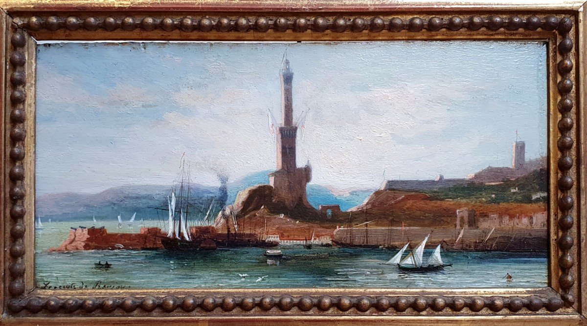 Genoa Lighthouse La Lanterna By Leconte De Roujou Oil On Panel Italy-photo-3