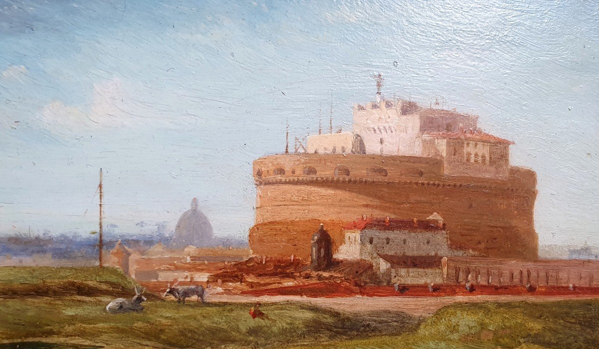 Le Château Saint-ange Et Le Vatican Rome Par Leconte De Roujou Huile Sur Panneau Italie 1840-photo-2