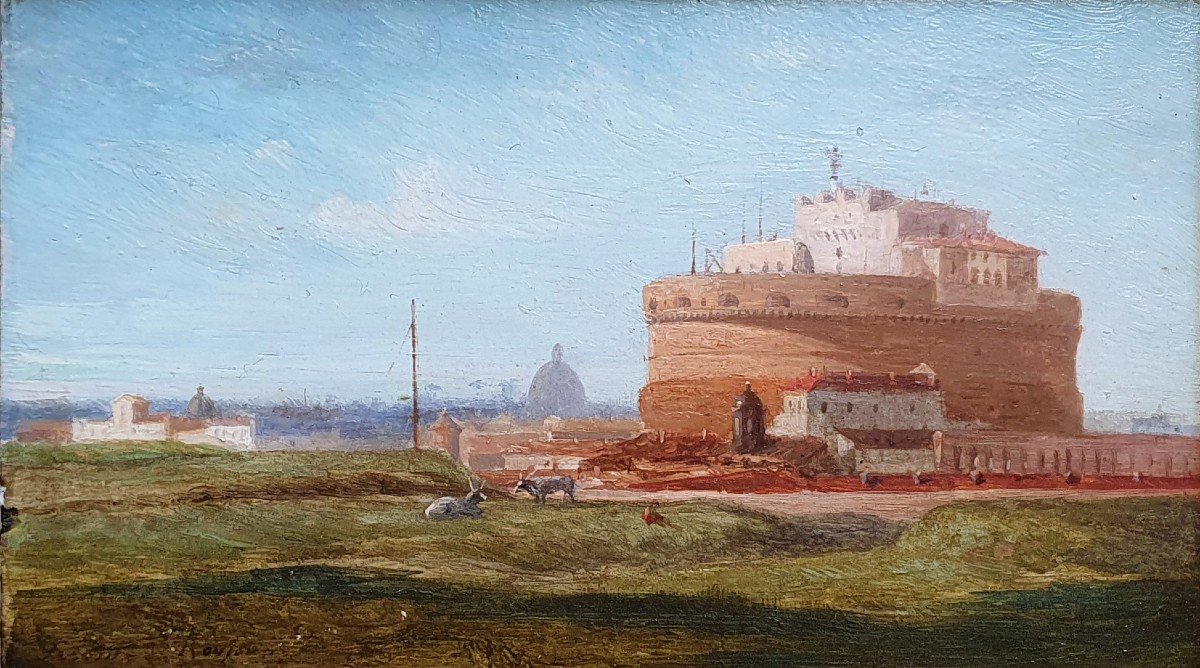 Le Château Saint-ange Et Le Vatican Rome Par Leconte De Roujou Huile Sur Panneau Italie 1840