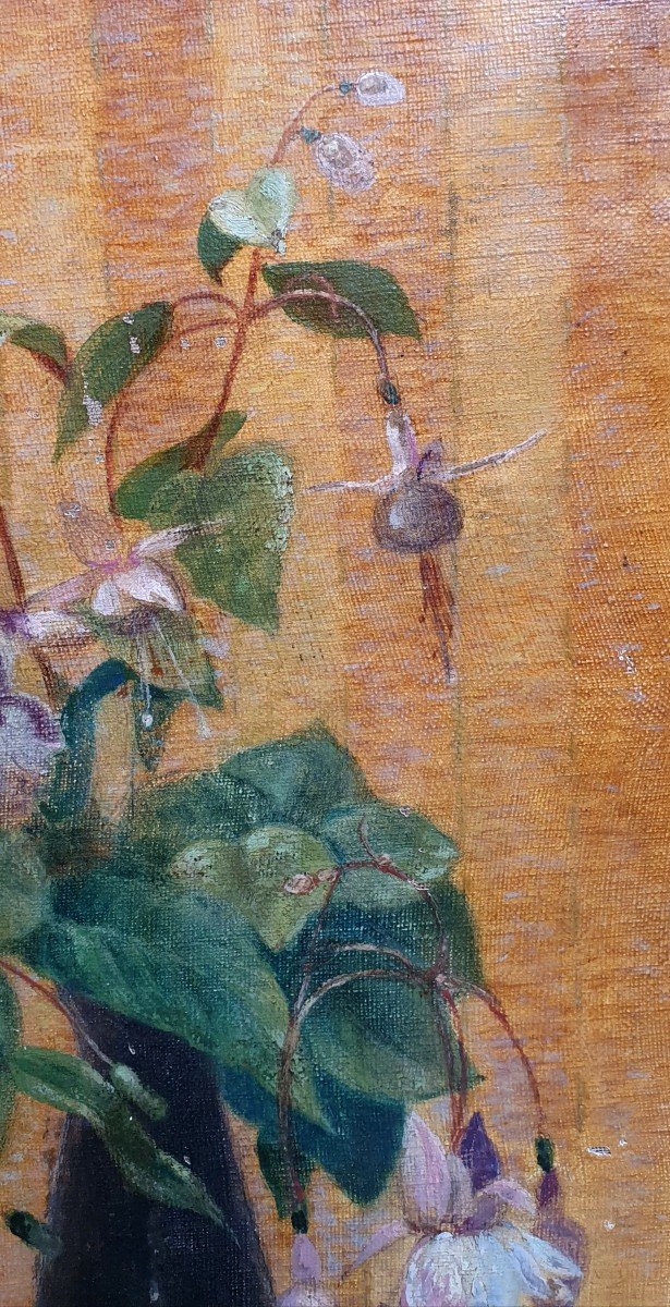 Nature Morte Au Vase De Fleurs Fuchsia Huile Sur Toile Vers 1920-photo-3
