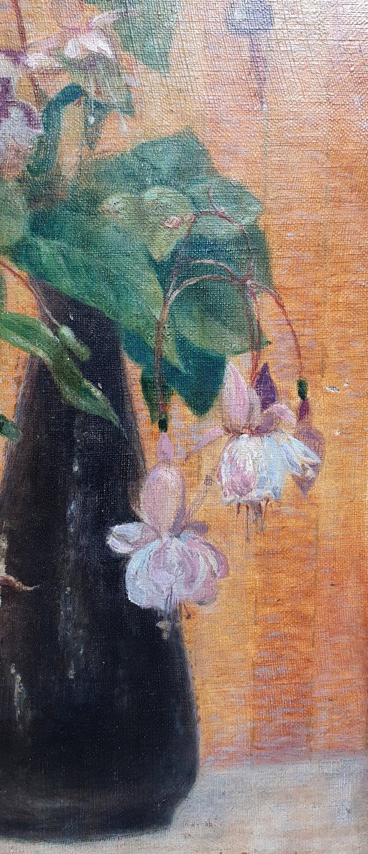 Nature Morte Au Vase De Fleurs Fuchsia Huile Sur Toile Vers 1920-photo-4