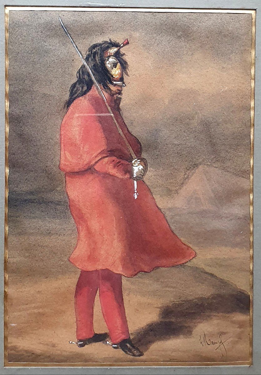 Pair Of Watercolors Zouave And Dragon XIXth Century Signature To Decipher Military Soldier-photo-3