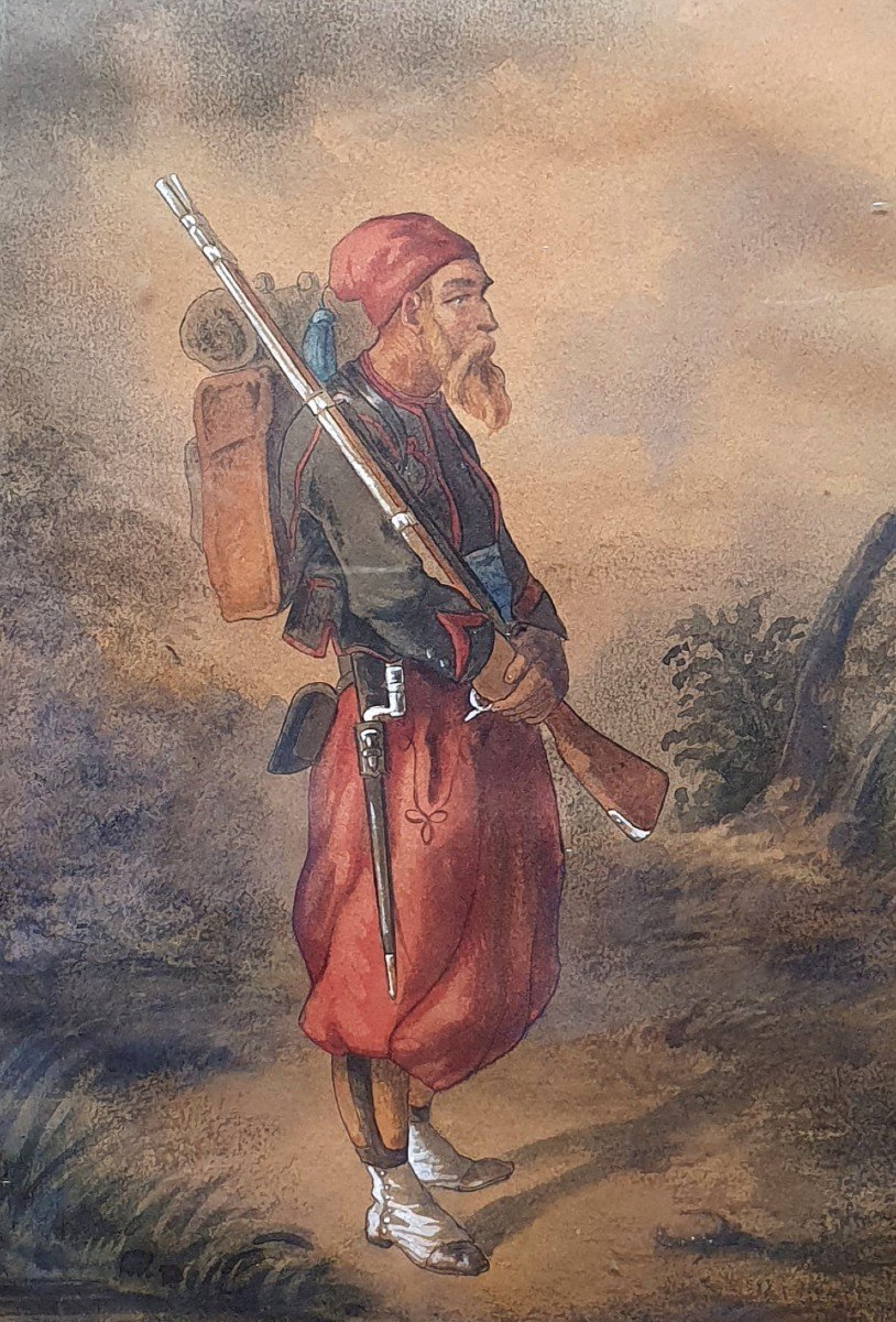 Pair Of Watercolors Zouave And Dragon XIXth Century Signature To Decipher Military Soldier-photo-1