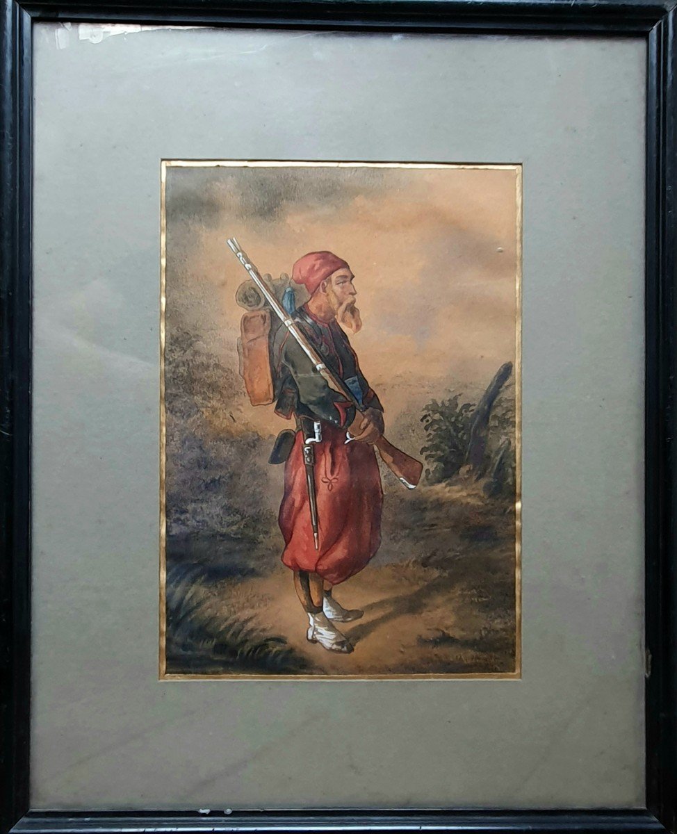 Pair Of Watercolors Zouave And Dragon XIXth Century Signature To Decipher Military Soldier-photo-3