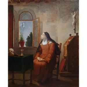 Nun With Vanity Oil On Paper Circa 1800 Skull Sébastien Leroy