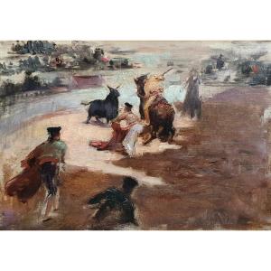 Gaston Thys Corrida De Toros Huile Sur Toile XIXème Esquisse Lille 