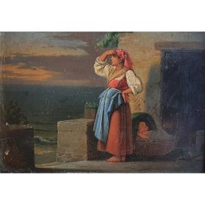 Thomas Fearnley Napolitaine Et Enfant Italie  Huile Sur Zinc Peintre Norvégien Vers 1834