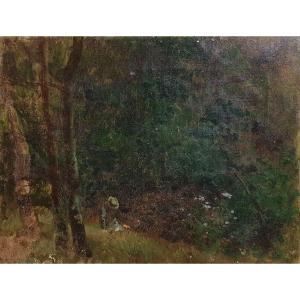 Personnage Dans Une Forêt Impressionniste Huile Sur Toile XIXème 