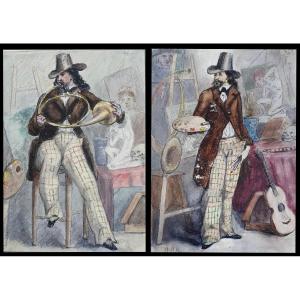 Portrait Of Painter In His Workshop Pair Of Watercolors XIXth Century Vanity