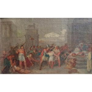 Rome Antique Huile Sur Toile Contrecollée Esquisse 