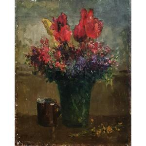 Ernest Quost Still Life With Flowers Oil On Panel Impressionism