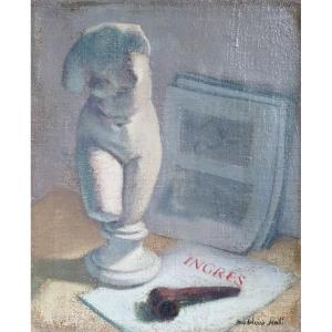 Still Life With Sculpture And Pipe Oil On Canvas Bust Of A Woman Madeleine Scali