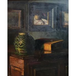 l'Intérieur d'Un Amateur Huile Sur Toile Nature Morte Tableaux Céramique Livres