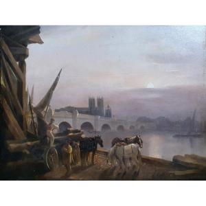 View Of London Westminster Oil On Panel Circa 1820 England
