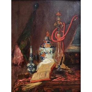 Orientalist Still Life With Hookah With Chinese Ceramics And Chest Entourage By Desgof