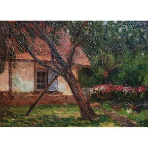 Les Poules Dans Le Jardin Huile Sur Toile Vers 1900