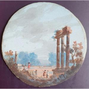 Paysage Animé Aux Ruines Miniature Gouache Fin Du XVIIIème Siècle Non Encadrée