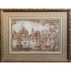 Dutch School Drawing Pen And Ink From The XVIIth Century Landscape Animated City Port