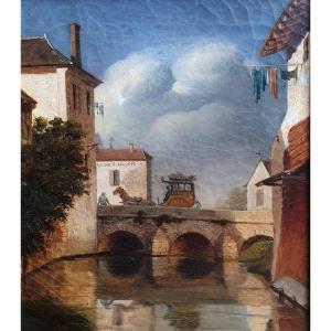 Fiacre Sur Un Pont Huile Sur Toile Vers 1830 Avoine Et Recoupe Chevaux 