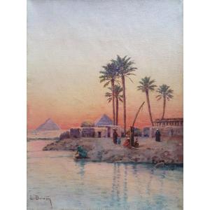 Emile Boivin Twilight On The Pyramids Of Cheops And Chephren Oil On Canvas Egypt