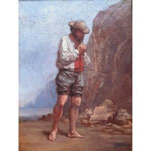 Charles Fouqué Man With A Pipe By The Sea Around Avranches Normandy Oil On Canvas