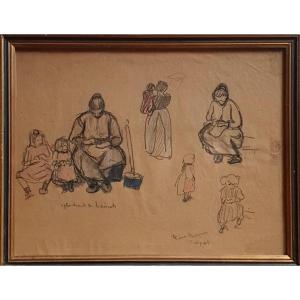 Pierre Chapuis Trilport Women And Children Peeling Beans Pastel Or Chalk