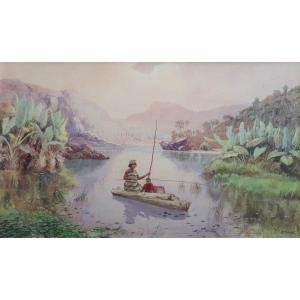 Emile Ralambo Animated Lake Scene In Madagascar Watercolor And Gouache Early 20th Century