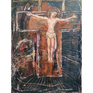 Magdalena Radulescu Le Christ En Croix Huile Sur Carton Artiste Roumaine 