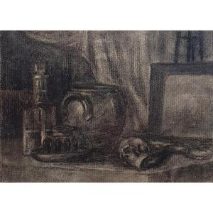 Nature Morte Dans Un Intérieur Crâne Tableau Et Bouteille Dessin