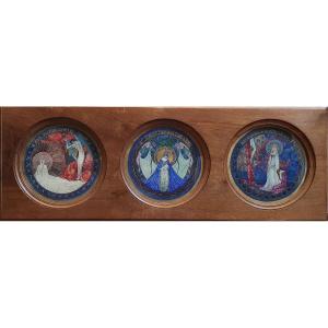 Triptych On The Life Of Marie Gouache, Watercolor And Gold Highlights S Vicarino 1925