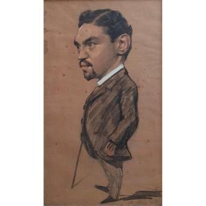 Portrait d'Homme à La Canne Signé Stevens 1889 Caricature 