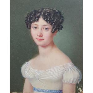 Portrait De Jeune Femme Vers 1820 Miniature Gouache Sur Ivoire 