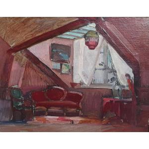 The Interior Of A Collector's Apartment Oil On Cardboard Early 20th Century