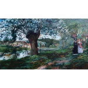 Pierre Georges Jeanniot Femmes Au Bord De La Marne Huile Sur Papier Impressionnisme 