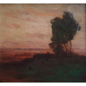 Désiré Dubois Twilight Landscape Oil On Panel 19th Century