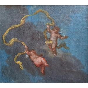 Cherubs With Yellow Ribbon Oil On Paper From The 18th Century Cupid Sketch For A Ceiling?