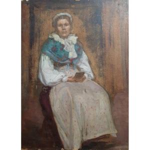 Portrait De Femme Assise Huile Sur Carton Vendée , Bretagne fin du XIXème
