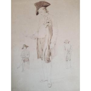 Study Of A Man With A Bicorn Wash And Lead Pencil 19th Century 
