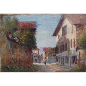 Vue de village animée huile sur toile fin du XIXème siècle Impressionnisme 
