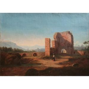 Attributed To Antoine Ponthus Cinier View Of The Surroundings Of Rome Oil On Canvas Italy 