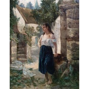 Woman Observing Two Doves In A Village Street Oil On Canvas 19th Century