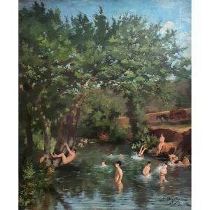 Camille Joseph Agosta Men Bathing Oil On Canvas 1887