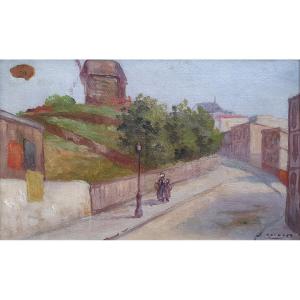 Le Moulin De La Galette Around 1900 Oil On Canvas View Of Montmartre Paris