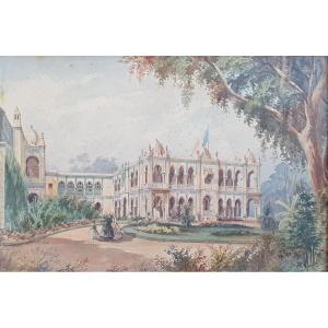 Emile Marquette Vue d'Un Palais En Algérie Scène Animée Aquarelle Sur Papier 1868