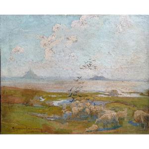 Alexandre Louis Lavalley Moutons Devant Le Mont-saint-michel Huile Sur Toile  1900 Normandie 