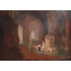Nymphes se baignant près de ruines huile sur panneau vers 1800 grotte ecole hollandaise 